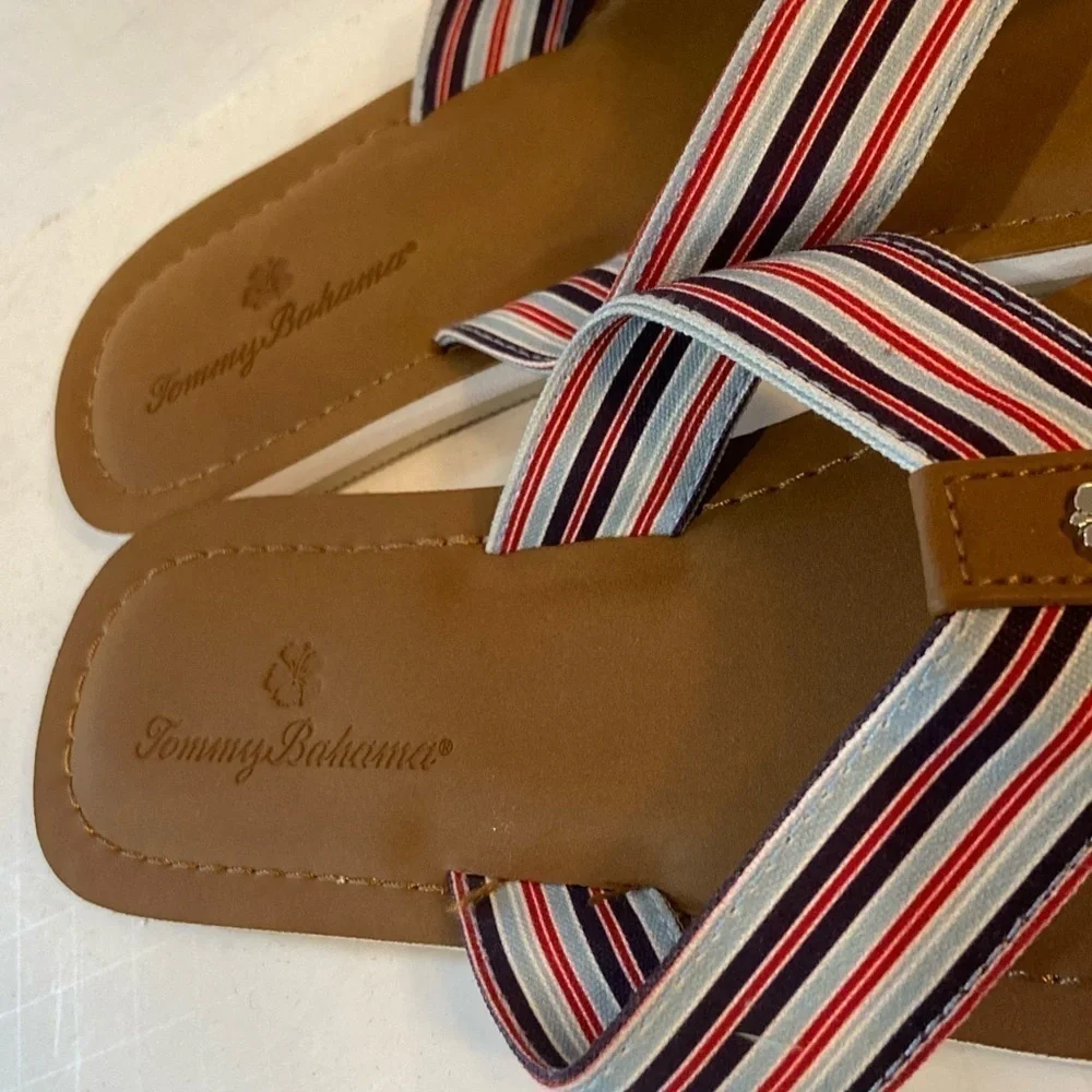 Tommy Bahama~New Canvas Blue/Red Stripe~Thong Flip Flop~Cushioned Footbed~Size 9